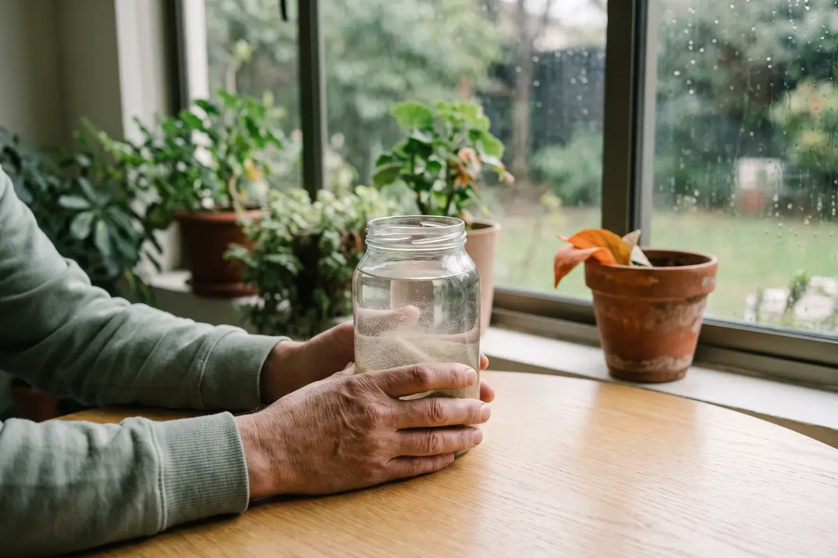 Manos de una persona sosteniendo un frasco de vidrio con agua y arena que se va asentando, sobre una mesa de madera junto a una ventana con plantas y gotas de lluvia