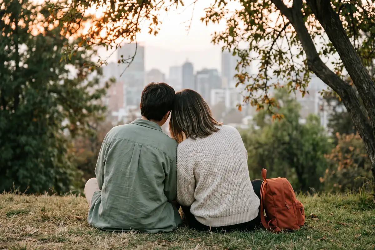 Dos personas jóvenes sentadas de espaldas en el pasto de un cerro, apoyadas una en la otra, mirando la ciudad al atardecer