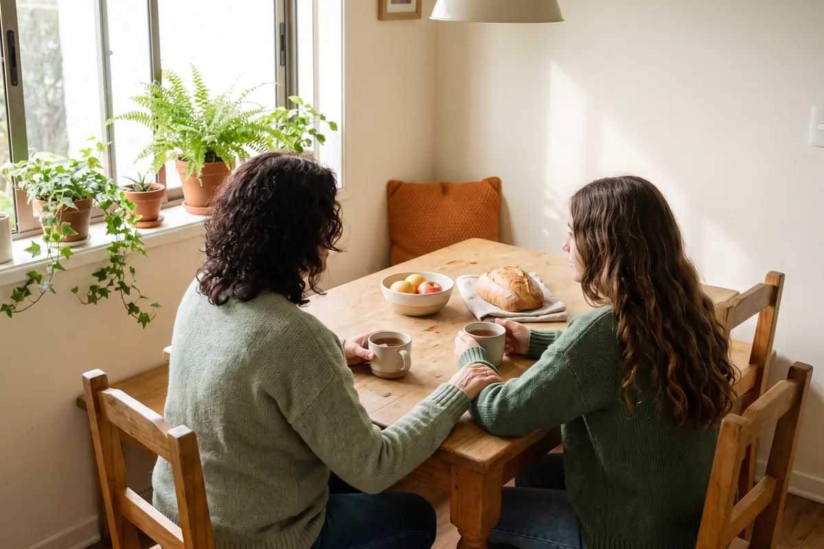 Madre e hija sentadas a la mesa de la cocina con una taza de té; la madre le toma el brazo con cariño